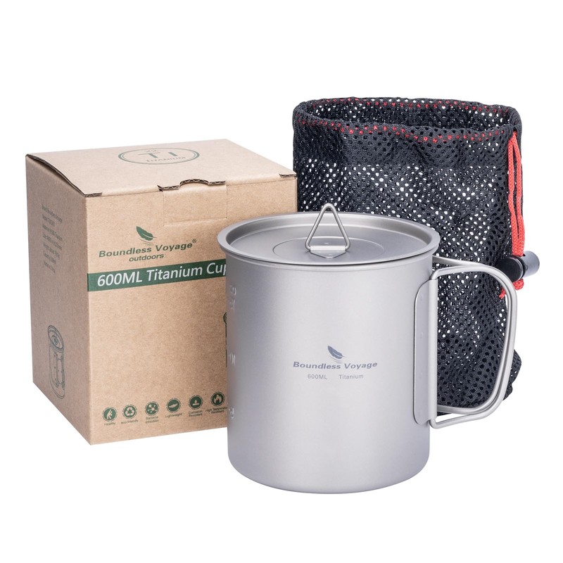 Boundless Voyage Single Walled Titanium Cup with Lid Folding Handle