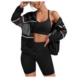 Floerns Women's Contrast Mesh Long Sleeve Drawstring Hoodie Sports Jacket Black XL