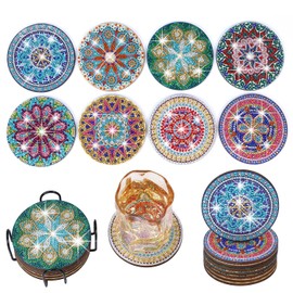 Diamond Painting Coasters with Holder, 8pcs Mandala Diamond Painting Coaster Kits, DIY Diamond Art Crafts for Adults, Small Diamond Painting Kits Accessories.