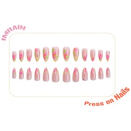 IMRAIN Yellow French Tip Press on Nails Medium Almond Fake Nails with Pink Flower Designs Full Cover False Nails Glossy Glue on Nails Spring Summer Artificial Nails for Women Girls Manicure