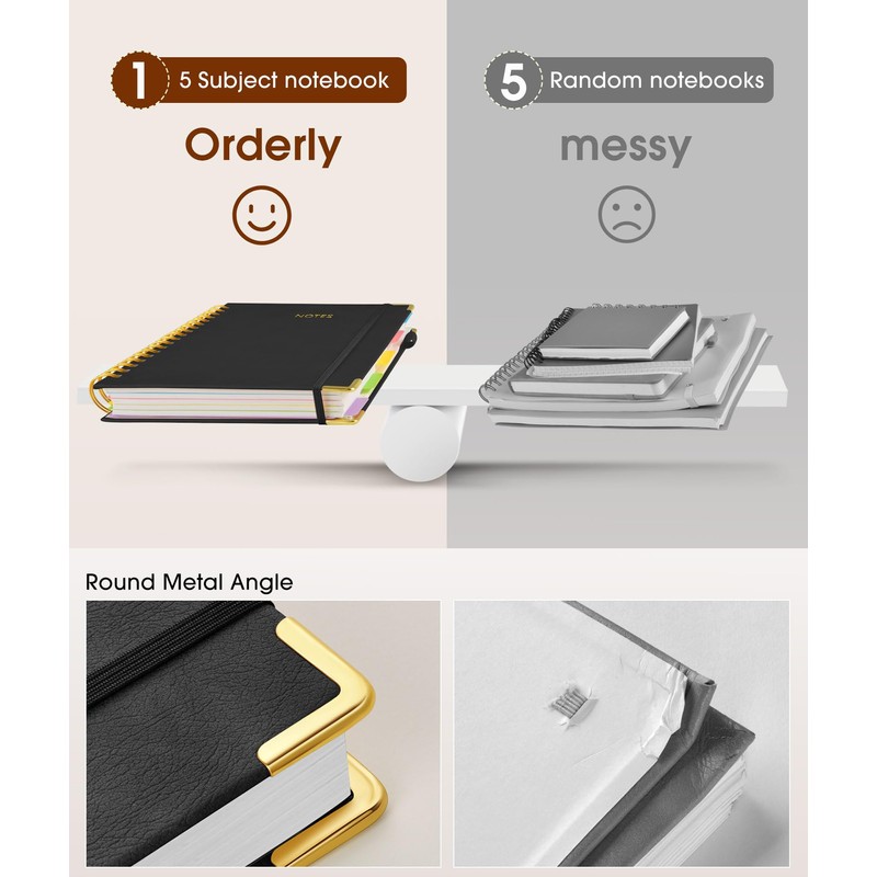 Hardcover Spiral Notebook journal with Removable Dividers Tabs, 300 Pages