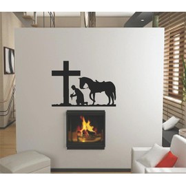 Man Kneeling in Prayer with his Horse in Front of a Holy Cross Graphic Mural Design - Peel & Stick Sticker - Vinyl Wall Home Decor Decal - DISCOUNTED SALE PRICE Size : 10 Inches X 14 Inches - 22 Colors Available