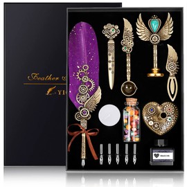 YICMY Quill Pen and Ink Set, Feather Pen Calligraphy Set, Mechanical Gears Wings Design, Stationery Gift for Handwriting Lovers Birthday Christmas Valentine’s Day