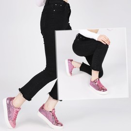 Atsroel Womens Platform Sneakers Sparkle Shinny Pink Womens Fashion Sneakers Breathable Walking Womens Slip On Sneakers Tennis Flat Lace Up Trendy Sneakers for Womens(Womens Sneakers Size 5.5)