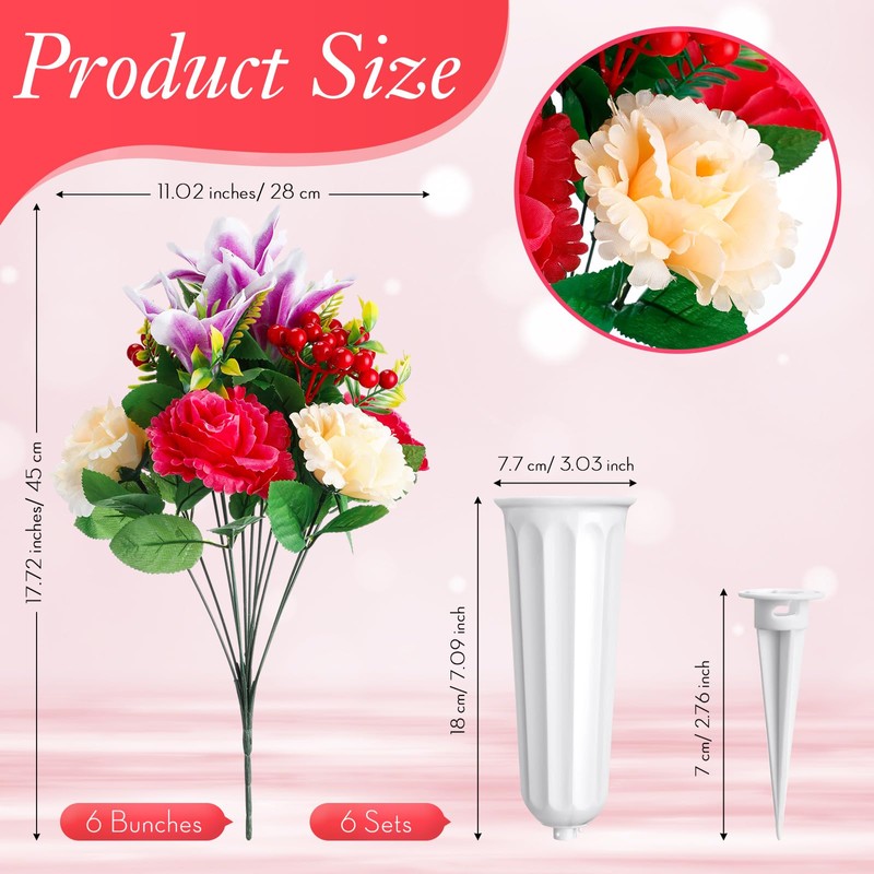 Tigeen 6 Sets Artificial Cemetery Flowers with Vase 54 Heads