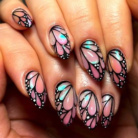 Rilafuvu Press on Nails Almond Medium Fake Nails 3D Butterfly Glue on Nails Cute Polka Dots Design Acrylic Nails Stiletto False Nails Black Nail Press ons 24Pcs Artificial Stick on Nails