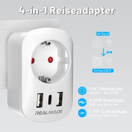 RealMade 2 Pack Travel Adapter USA Adapter, America Germany Plug with 2USB 1USB C, Travel Adapter Thailand, International Adapter for Canada, Dominican Republic, Mexico, Australia