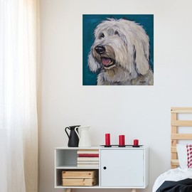 Fine Art Canvas Old English Sheep Dog Rooney Teal Canvas Wall Decor by Artist Hippie Hound Studios for Living Room, Bedroom, Bathroom, Kitchen, Office, Bar, Dining & Guest Room - Ready to Hang - 18 in x 18 in