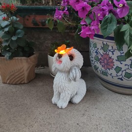 Bichon Frise with Butterfly Statue Bichon Dog Solar Lights Outdoor Dog Garden Figurine Decorations Resin Solar Animal Sculpture for Outside Backyard Lawn Bichon Frise Gifts