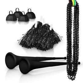 Windy City Novelties School Spirit Kit with 4 Cowbells, 4 Pom Pom, 2 Collapsable Stadium Horns, 12 Beaded Necklaces - Black