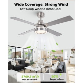 Vaczon 52 Inch Ceiling Fans with Lights and Remote, Modern Ceiling Fans Nickel, 3CCT Dimmable, Reversible Motor, Indoor & Outdoor Silver Ceiling Fan for Bedroom Living Room Patio