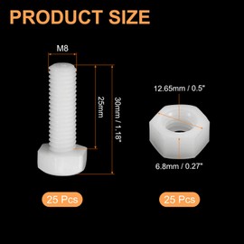 sourcing map 25 Pair Nylon Screws Nuts Assortment, M8x25mm Hex Screws Bolts and M8 Hex Nuts for Machinery Electronics Industrial Accessories, White