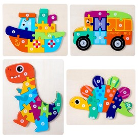 Wooden Puzzle for Children, Wooden Puzzle from 2 3 4 Years Montessori Toy Gift for 1 2 3 Year Old Boys and Girls - Pack of 4 (Dinosaurs and Digger)