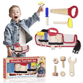 Kids House Cinturón de Herramientas de Madera para Niños, Juego de Herramientas con Martillo, Destornillador, Sierra Fría, Llave y Tornillos, Ideal para Niños de 3 a 8 Años