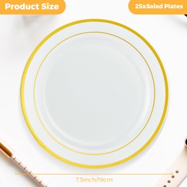 KOOSREEL 25 Pack Plastic Dessert Plates with Gold Rim,19cm/7.5inch Reusable Soup & Dessert Small Side Plates for Weddings, Birthdays, BBQ, Buffets, Catering, Parties