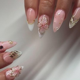 White French Tip Press on Nails Medium Almond OFDNE 3D Fake Nails False Nails with Designs Pink Flower Gold Swirl Pearls Glossy Glue on Nails Acrylic Nails for Women Girls 24Pcs