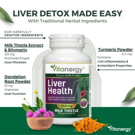 Vitanergy Liver Health- Support Healthy Liver and Liver Detox, Milk Thistle, Dandelion and Turmeric Herbal Supplement, 250mg, 90 Capsules, Easy to Swallow, No After Taste, Non-GMO, Gluten Free, Made in Canada