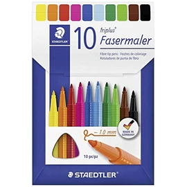 STAEDTLER Triplus Colour Fibre-Tip Pens, Ergonomic Triangular Shape, Sturdy, Impression-proof 1.00 mm Tip, Dry Safe, PP Shaft, Cap with Breathing Air Channel, 10 Fibre-Tip Pens in Cardboard Cushion