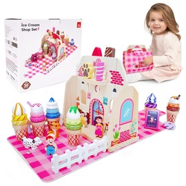 Wooden Ice Cream Shop Toy Set with Handbag, 39 Pcs Pretend Play Food & Ice Cream Toys for Toddlers 3-5 Birthday Gift , Montessori Learning Educational Toys Color Sorting, Play Kitchen Accessories