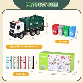 kramow Garbage Truck Toys with Sound and Light, Friction-Powered Trash Truck with 4 Trash Bins & Trash Cards, Push and Go, Toy Cars Gifts for Boys Girls Kids 3+ year old, Green