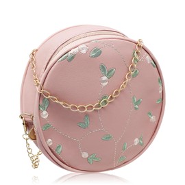 AfitLulu Crossbody Purse for Women, Leather Floral Round Mini Purses, Crossbody Bag Handbags with Chain Strap Zipper (Pink)