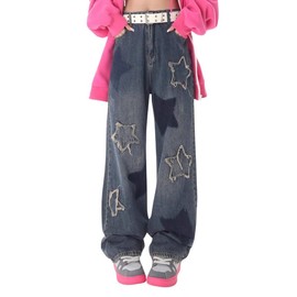 Lafaguw Cute Jeans for Women Girls Star Patchwork Pants Y2K High Waisted Straight Leg Baggy Jean Casual Preppy Clothes.(Dark Blue1-XS)