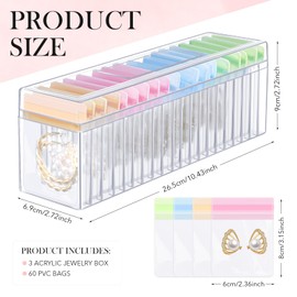 Kenning 63 Pcs Acrylic Jewelry Case Organizer, Clear Jewelry Organizers Holder with Portable Anti Tarnish Storage Bags for Rings, Earrings, Necklaces, Ideal Gifts for Women (Four Color Mixture)