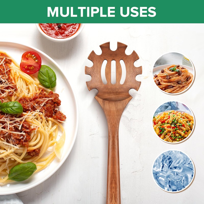 Wooden Pasta Spaghetti Spoon with Teeth, Teak Slotted Pasta Spaghetti
