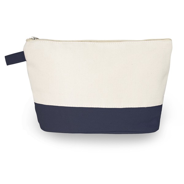 Cotton Canvas Two-Tone Cosmetic Bag Make Up Clutch Bag (10"W x 6"H), Navy Blue Canvas Bottom)