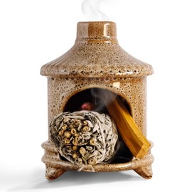 Belsea Palo Santo Holder, Mini Fireplace Palo Santo Burner, Handmade Ceramic Smudge Bowl for Sage, Incense Cones, Candles, Chimenea Ash Catcher for Meditation, Yoga, Spa, Home Decor (Brown)