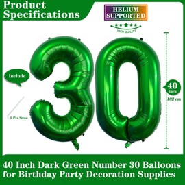 Dark Green 30 Number Balloons, 40 Inch Giant Number 30 Balloons Foil Mylar Helium Dark Green Number Balloons for 30th Birthday Party Supplies Anniversary Event Celebration Decorations