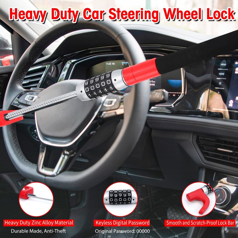 Afurkuot Car Steering Wheel Lock Car Lock Adjustable Length Safety