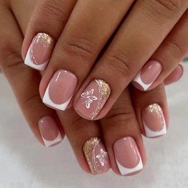 Press on Nails Short Square Fake Nails Brown Nails Press ons Glitter Glue on Nails Glossy Acrylic Nails White French Tip False Nails with Butterfly Designs Artificial Stick on Nails for Women 24Pcs