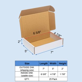 Wowxyz Shipping Boxes 7x5x2" 25 Pack - White Corrugated Cardboard Box Mailers for Small Business, Literature Mailer Box Packaging Supplies