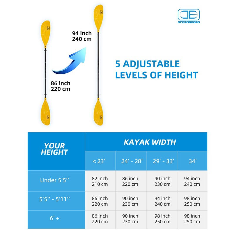 OCEANBROAD Adjustable Kayak Paddle 86in/220cm to 94in/240cm Kayaking Boating Canoeing