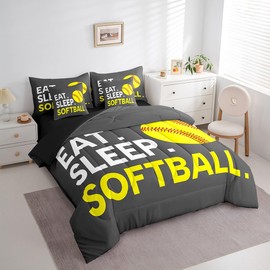 Feelyou Softball Comforter Set with Sheets Twin Size Grey Sports Game 7 Pieces Bedding Set Softball Gaming Bed in a Bag for Kids Boys Girls Teens Gift for Softball Lover Bed Set