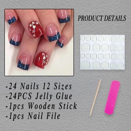 ROFIBUT 4th of July Press on Nails Short Square Fake Nails Glossy Independence Day French Tip False Nails with Blue Glitter Designs Red Glitter Star Glue on Nails for Women Girls Nail Decoration 24Pcs