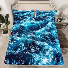 Erosebridal Blue Waves Sheet Set Ocean Sea Fitted Sheet Summer Theme Print Bedding Set Cozy Bed Cover Room Decorative Ultra Soft Bedclothes Twin Size 1 Fitted Sheet with 1 Pillow Case