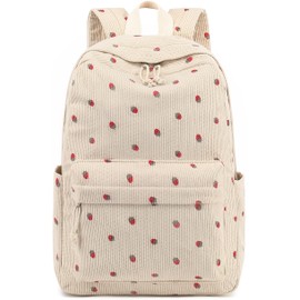 School Backpack for Teen Girls Bookbags Elementary High School Corduroy Laptop Bags Women Travel Daypacks (Strawberry Beige)