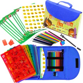 Stencil Premium Educational Drawing Set for Kids Ages 4-12. Girls & Boys Present with On-The-Go Case. Art Supply Gift with Colored Pencils & Sharpener, Pan, Paper Sheets, Emojis Sticker Sheet & Clips