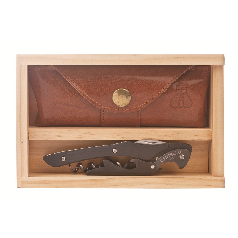 Castello Carbon Fiber Waiter's Corkscrew with Leather Pouch in Wood