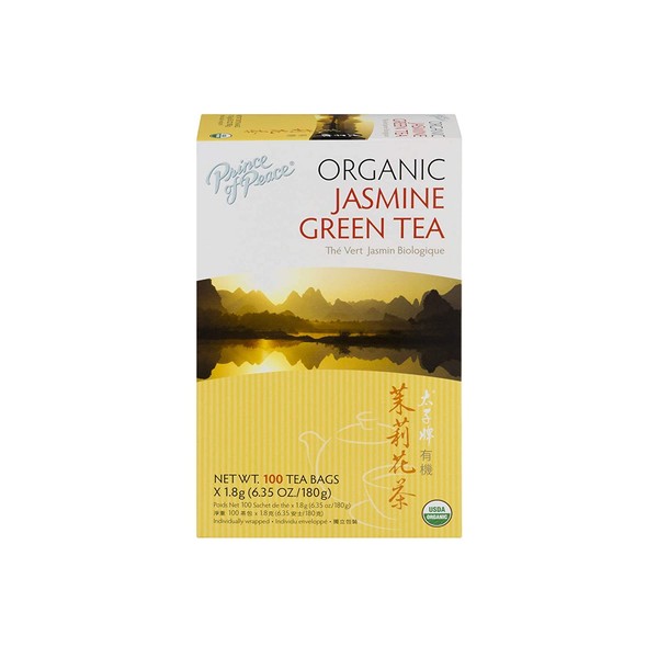 Prince of Peace Organic Jasmine Green Tea, 2 Pack - 100 Tea Bags Each – 100% Organic Green Tea – Unsweetened Green Tea – Lower Caffeine Alternative to Coffee – Herbal Health Benefits