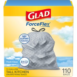 Glad Tall Kitchen Drawstring Trash Bags - Odorshield 13 Gallon White Trash Bag, Febreze Fresh Clean, 110 Count | Glad
