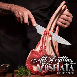 MOSFiATA 8" Super Sharp Professional Chef's Knife with Finger Guard and Knife Sharpener, German High Carbon Stainless Steel EN1.4116 with Micarta Handle and Gift Box