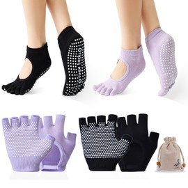 FHUIEWRY 2 Pairs Non Slip Yoga Gloves Toe Socks Set,Women Fingerless Gym Gloves and Pilates Socks, Yoga Five Toe with Grip Sport Glove for Pilates, Barre, Ballet, Fitness (Black, Purple)