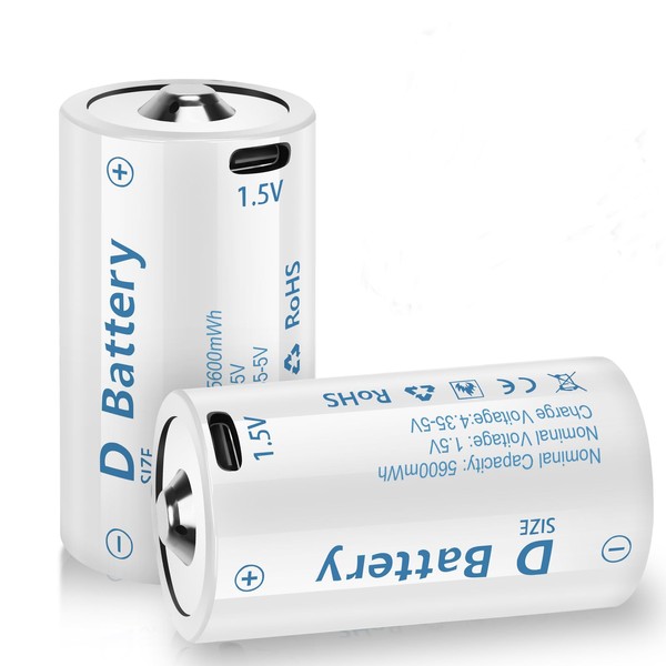 winbasic - Baterías recargables de litio D con cable de carga USB-C 4 en 1, batería de celda de tamaño D de 1,5 V 5600 mWh para linterna (paquete de 2)
