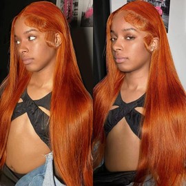 Btomar Ginger Wig Human Hair 13x6 Lace Front Wigs Straight HD Transparent Lace Front Wigs Ginger Orange Wig Pre Plucked 180% Density #350 Colored Copper Red Human Hair for Women (28 Inch)