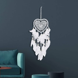 White Heart Dream Catcher, Wall Hanging Feather Dream Catcher Handmade Fairy Dreamcatcher Ornament for Bedroom Wedding Decoration (White)