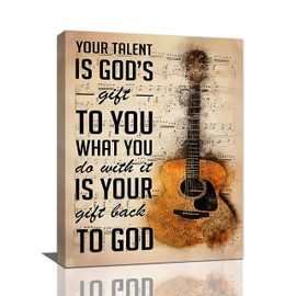 Vintage Guitar Bedroom Wall Art Music Notes Pictures Guitar Inspirational Quotes Canvas Painting Retro Music Decor Guitar Framed Artwork for Music Studio Bedroom Dormitory 12"x16"