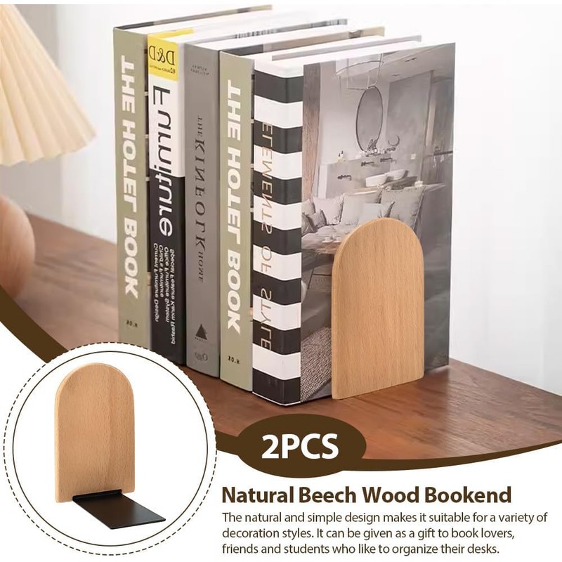 2 Pack Book Ends Natural Bamboo Bookend Anti Slip Book